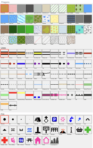 Map legend: zones, roads, paths, POI...